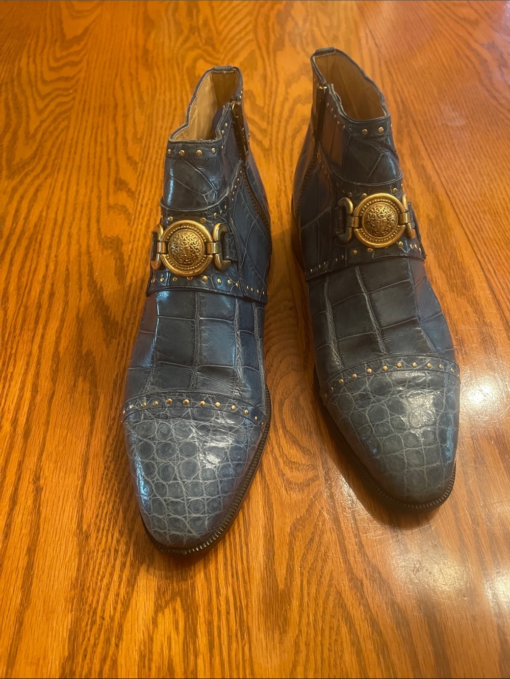 Women’s Blue Genuine Alligator Ankle Boots with Ornate Gold Accent.